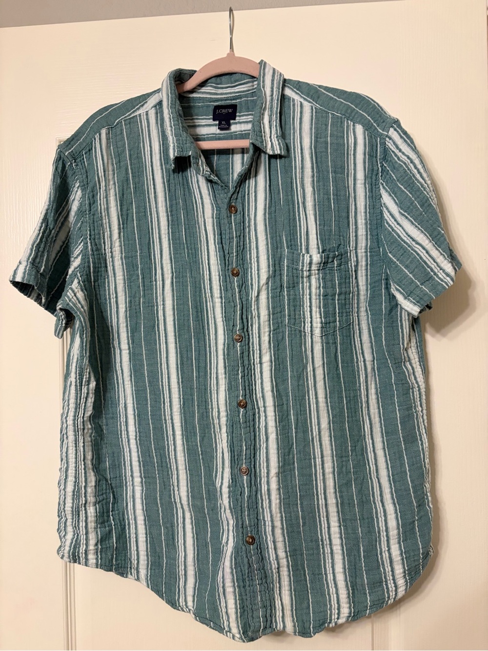 J. Crew Green and White Short-Sleeve Striped Button-Down Shirt